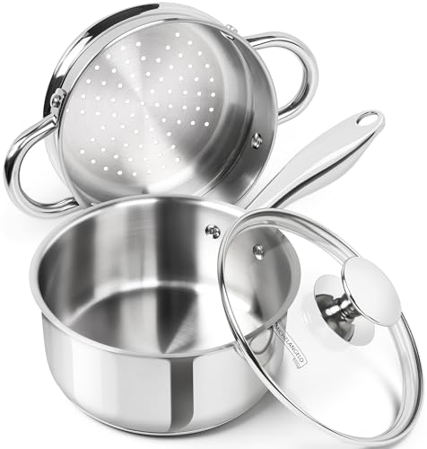 Image of MICHELANGELO 1.5 Quart Saucepan with Steamer, Stainless Steel Saucepan with Lid, Triply Bottom Induction Compatible, Multipurpose Sauce Pot, Dishwasher Safe
