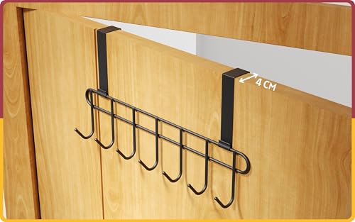 Image of Amiraj Multi-Alloy Steel Over-The-Door Hook Hanger Rack | No Drilling Required, 7 Hooks for Bedroom, Bathroom & Kitchen Doors | Hanging Organizer, Black (Pack of 1)