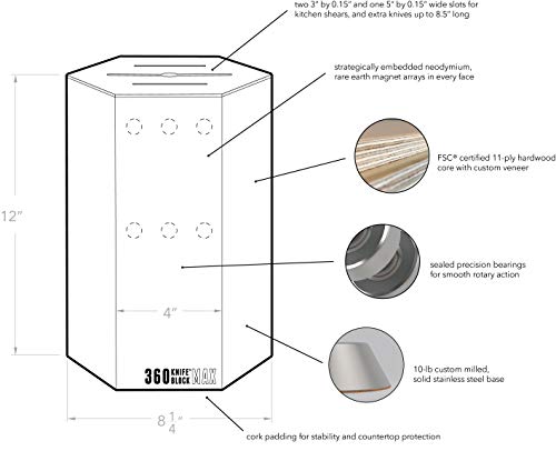 360Kb Max ™ - Magnetic Rotating Knife Block - W/Top Slots, Capaciy For 20+ Knives - Largest In The 360 Knife Block ® Family. (Honey Bamboo) #TOP7