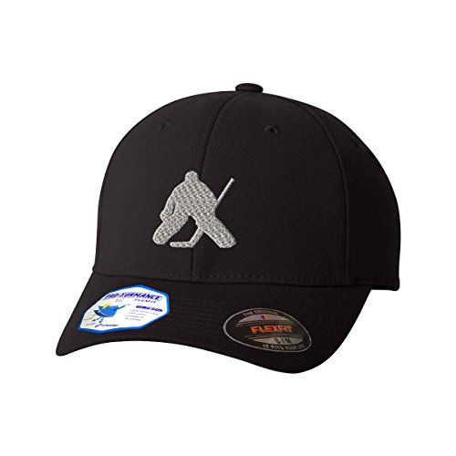 Silver Hockey Goalie Silhouette Flexfit Adult Pro-Formance Sports Hat Black Small/Medium