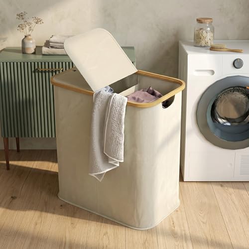 Panier à linge double pliable 80 L beige avec couvercle HOMCOM