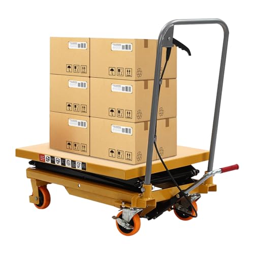 WBGANG Industrial Hydraulic Scissor Lift Table, 500lbs Capacity, Yellow, 4 Wheels, Height Adjustable, Factories, Etc