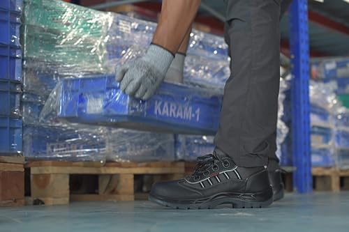 Image of Karam FS62 Buff Black Leather Safety Shoes for Men | Steel Toe|Double Density TPU Sole | Antistatic, Antislip, Oil & Heat Resistant