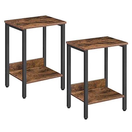 ALLOSWELL End Tables Set of 2, Side Tables with Storage Shelf, Slim Nightstands, Steel Frame, for Living Room, Bedroom, Study, Industrial Design, Rustic Brown ETHR5001S2