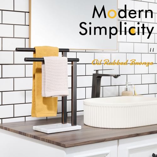 Image of KOKOSIRI Hand Towel Bars Stand Towel Rack 2-Tier with Marble Base for Bathroom Vanity Countertop, Oil Rubbed Bronze Stainless Steel 15.7'' Height THS0007-ORB