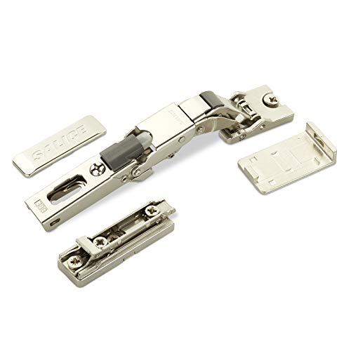 Cerniera universale SALICE 110° con ammortizzatore integrato per porte in vetro da incollare / Cambiando semplicemente la posizione della piastra sull'anta, è possibile sbloccare tutti i fermi porta, compreso il fermo con porta interna, con un'unica cerniera e un'unica piastra di montaggio.