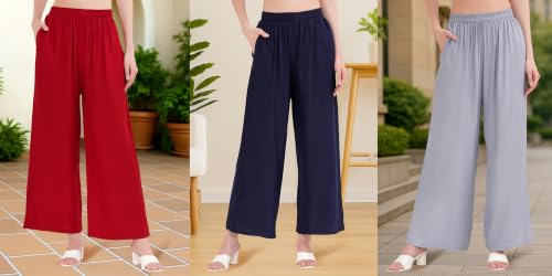 Image of Buy That Trendz Palazzo Pants for Women Rayon Elasticated Regular Fit Flared Wide Leg M to 6XL Pack of 3