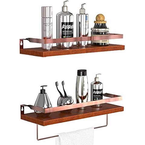 GeekDigg Floating Bathroom Shelves , Wall Shelf Set of 2 with Integrated Towel Bar, Floating Shelves Wood with Rose Gold Rails for Bedroom, Living Room, Bathroom, Kitchen, Office Storage Cover