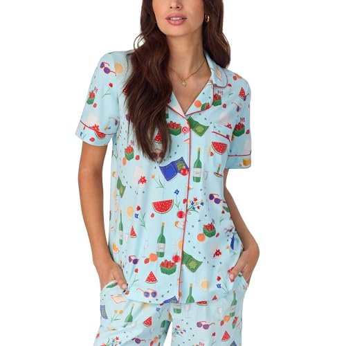 Image of Bed Head PJs Womens Matching Pajamas - Soft Organic Cotton Button Down PJ Shirt & Cropped Pants Set - Loungewear & Sleepwear