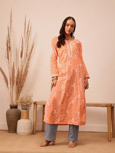 Image of Ada Women's Cotton Straight Fit Straight Hand Embroidered Lucknowi Chikankari Kurta Kurti A411378