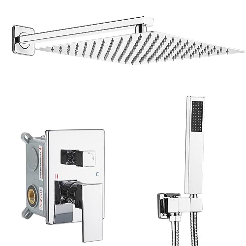 Image of Shower Faucet Set Complete, Wall Mount Shower System for Bathroom 12 Inch High-Pressure Rainfall Shower with Handheld, Rough-in Valve Body and Trim Kit, Polished Chrome