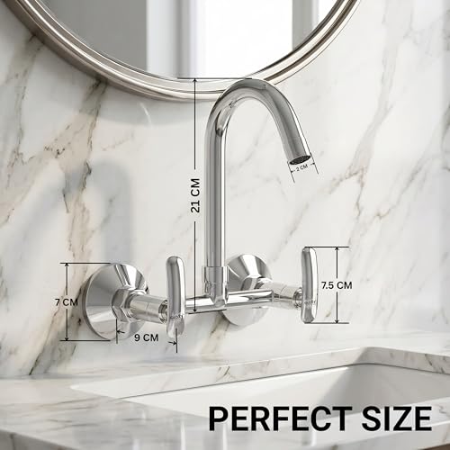 Image of GLOXY Premium Brass Wall Mounted Kitchen Sink Mixer Tap with 360 Swivel Spout - Kitchen Sink Mixer Tap Hot & Cold with Chrome Finish & Imperial Lever for Bathroom & Kitchen Sink - 10 Years Warranty