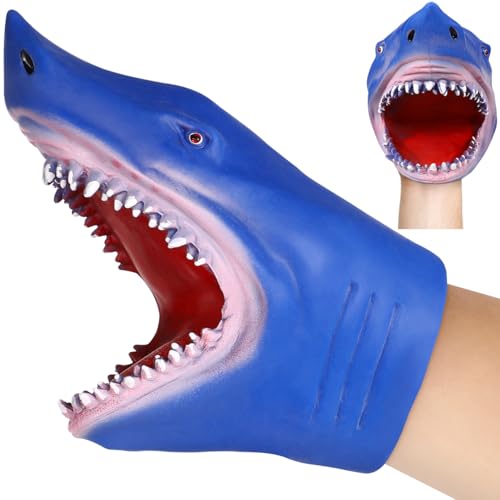 NUOBESTY Animal Hand Puppet Blue Shark Hand Puppet Soft Rubber Role Play Shark Bath Toys for Children Adults Teaching Gloves