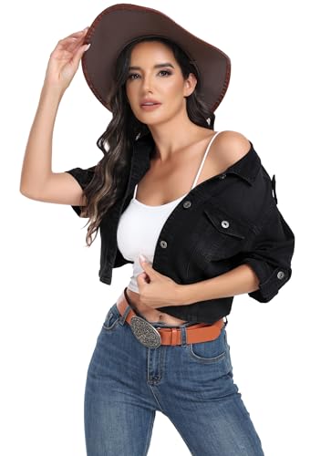 Anienaya Women's Short Sleeve Stretchy Denim Jacket Button Down Summer Cropped Trucker Jean Jackets4