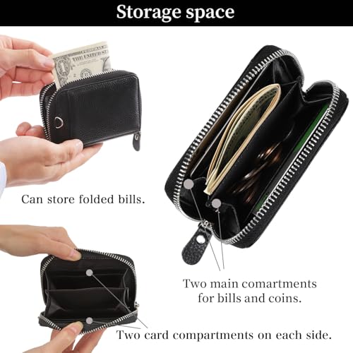 Minimalist Zipper Leather Wallets Credit Card Holder Card Cases with ID Window and Retractable Keychain for Men Women Black4