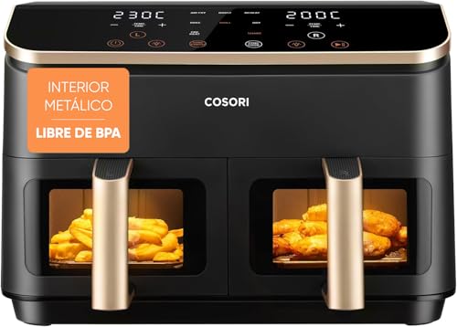 Cosori Air Fryer Grande 8,5 Litros, Freidora de Aire con Doble Cesta, Airfryer con Ventana, Recetas en la App, Multifunción 10 en 1, Alta Potencia y 55% de Eficiencia, Bajo Ruido, Fácil de Limpiar