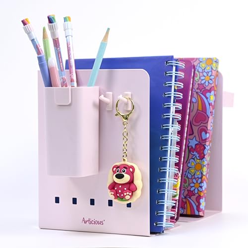 Image of Adjustable Bookend Organizer with Pen Holder | Expandable Desk Bookshelf for Office, Study, and Home | Book Rack Stand for Books, Files & Stationery (Extends Up to 17 Inches) - Pink