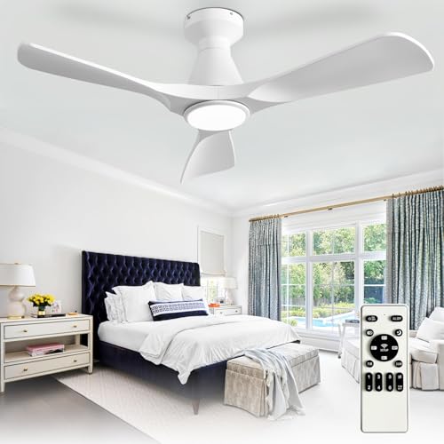 Image of Depuley 42-Inch Ceiling Fans with Lights: White 3 Blade Flush Mount Low Profile Ceiling Fan for Bedroom - Dimmable Indoor Outdoor Fan with Remote Control Ultra Quiet DC Motor Timer