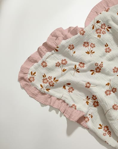 Image of Muslin Ruffled Baby Blanket, Extra Large 52 x 52 Inches, Soft Breathable Cotton Crib Blanket for Newborn Infant Toddler (Floral & Pink-Ruffled, Printed)