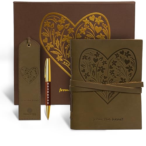 Sovereign-Gear Heart Embossed Leather Journal Gift Set – Handmade Leather Notebook with Pen & Bookmark | Writing Journal for Men & Women | Sentimental Gift Box for Anniversary, Valentine’s or Birthday