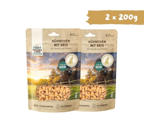 Wildes Land - Hundesnack - Hühnchen mit Reis 2x200g – Fleischsnack für Hunde & Katzen – Monoprotein & glutenfrei – 82 % Huhn – schonend luftgetrocknet – ohne Zucker & Zusatzstoffe