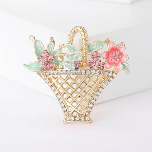 Image of PINK TOWN Rhinestone Flower Basket Brooch For Women Colorful Crystal Flower Basket Brooch Pin Dainty Elegant Clothing Hat Bag Accessories Gold