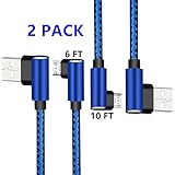 Micro USB 2.0 Android Cable, DECVO Right Angled Charging Cord 90 Degree Reversible One-Sided Micro Connector Braid Compatible with Sumsung Galaxy, Nexus, LG, Motorola More - Blue (2 PC 6FT+10FT)