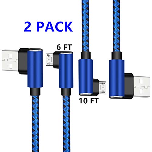 DECVO Micro USB 2.0 Android Cable, Right Angled Charging Cord 90 Degree Reversible One-Sided Micro Connector Braid Compatible with Sumsung Galaxy, Nexus, LG, More - Blue (2 PC 6FT+10FT)