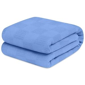 Avalon Bedding 100% Cotton Blankets Queen Size Thermal Blanket (90″x90″) – Perfect Cotton Blanket Queen Size for Layering Bed in Any Season – Cotton Blankets for Bed (Blue)
