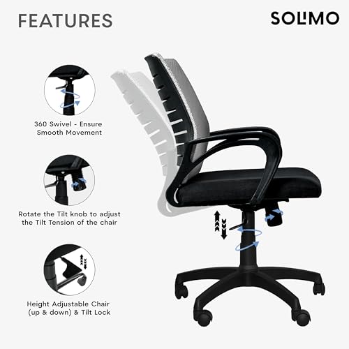 Image of Amazon Brand - Solimo Sitly Mid Back Revolving Office Chair for Work from Home, Study, and Computer Use | Heavy Duty Base | Ergonomic Mesh Design | Durable & Comfortable Seating (Grey Mesh)