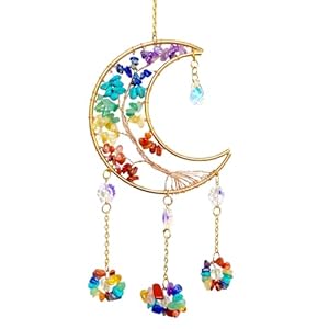 Moon Dream Catchers with Crystal 7 Chakra Gemstone Dream Catchers Crystal Moon Suncatcher Rainbow Maker Good Luck Decor for Window Wall Car Home Garden