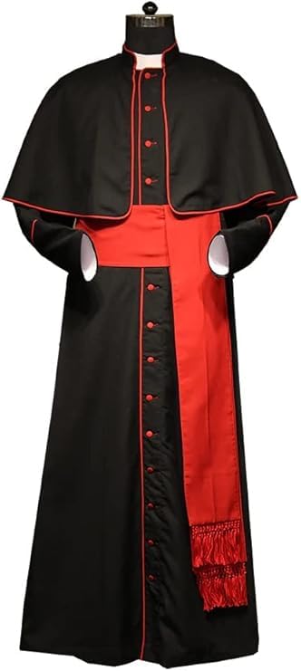 BARGAIN MEGHASHOP Men's Roman Cassock Robe WithTrim Clergy Pulpit Long Cassock Church Uniform Catholic Robe Coaplay Costume Size-(S-6XL) (Black-red Trim, Medium)