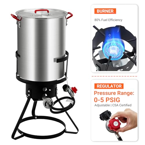 GarveeHome 30 Qt Turkey Fryer, Aluminum Seafood Boiler Steamer, Outdoor Deep Fryer with 0-5 PSI Regulator, Fish Fryer Pot with Propane Stove Burner Stand and Thermometer Kit for Frying Turkey