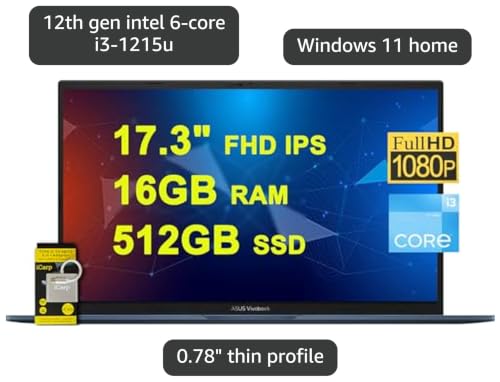 Image of ASUS VivoBook 17 Business Laptop 17.3 inch FHD IPS Anti-Glare Intel 6-core i3-1215U (Beats i7-1165G7) 16GB RAM 512GB SSD Type-C SonicMaster Win11 ICP Accessory