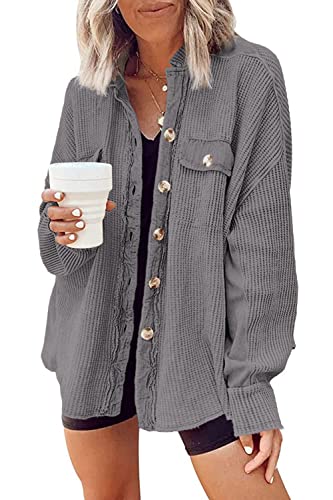 Yanekop Shackets for Women 2025 Waffle Knit Tops Long Sleeve Button Down Shirt Fall Jackets Outfits Corduroy Jacket(Light Grey,S)