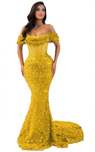 Mermaid Prom Dresses for Women Sparkly Sequins Off Shoulder Formal Evening Dress with Train He5092