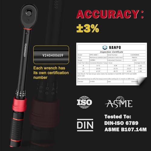 VANPO 3/8 Zoll Drehmomentschlüssel 5-60Nm, 72 Zähne Fahrrad & Motorrad Drehmomentschlüssel-Set 3 Teilen mit 125mm Verlängerungsstange, 3/8-1/4 Adapter, für Auto Zündkerzenwechsel