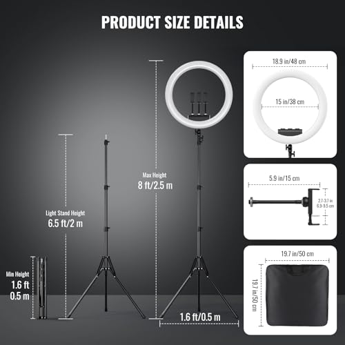 Image of Ring Light with Stand, 19in LED Selfie Circle Light, Max 8ft /2.5m Tripod Stand, 3 Holders for iPhone, Remote Control, 6300K Color Temperature for Live Streaming, Barber, Makeup, YouTube, Tiktok