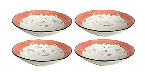 JapanBargain 2478, Japanese Porcelain Soup Bowls Shallow Bowl for Cereal Rice Salad Appetizer and Dessert, Pink Color Maneki Neko Smiling Lucky Cat Pattern, Made in Japan, 6-1/2 inch, Pack of 4