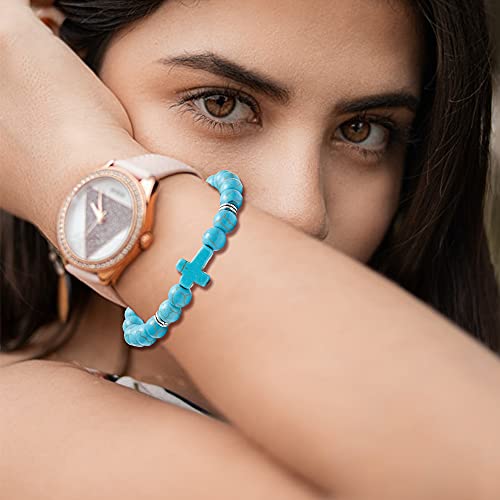 Ximeo 8Pcs Cross Beads Bracelet Set - Lava Rock Howlite Turquoise Tiger Eye Stone Natural Stone Bracelet Stretch Elastic Healing 8Mm Beads Bracelet #TOP4