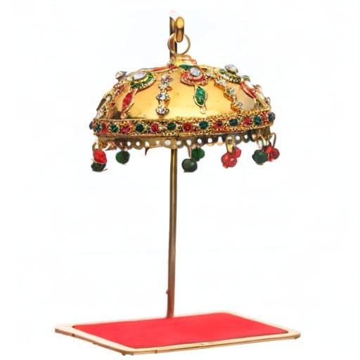 Image of Metal Umbrella Chhatra with Hanging Crystals - Decorative Chatri for God Idol, Car Dashboard, Office Desk, Table, Or Home Temple - M 55