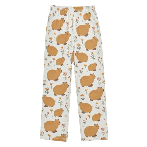 Boys' Pants Brown Capybaras Flowers Long Bottoms Jogger Pants Elastic Waist Trousers with Pockets S-XL