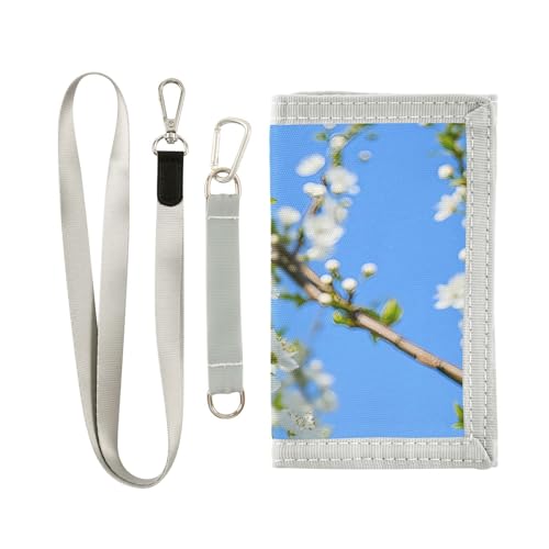 White Flowers Sky Blue Kids Wallet for Boys Girls Trifold Outdoor Sport Wallets for Youth Teen Children Wallet with Zippered Coin Pockets Card Holders Front Pocket Wallets with Magic Sticker2