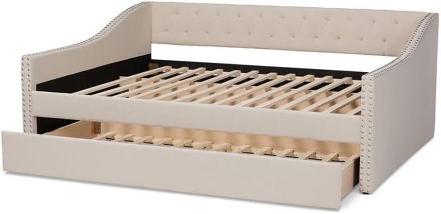 BOWERY HILL Full-Size Upholstered Daybed with Twin Trundle, MDF Wood and Engineered Wood, Polyester Fabric, Beige Finish, 81" W x 58" D x 33" H, Button Tufted Design for Guest Room or Bedroom Use