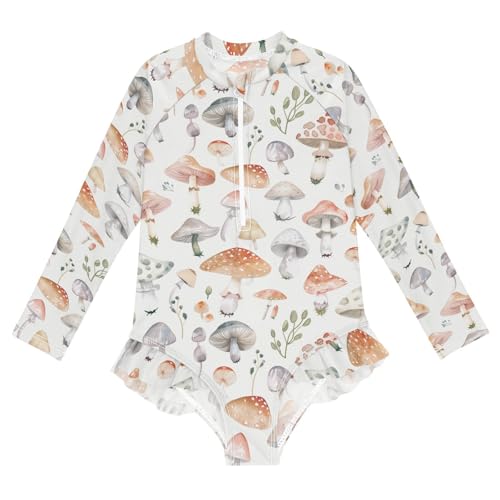 CaTaKu Girls One Piece Swimsuit Cute Watercolor Mushrooms Toddler Bathing Suit Long Sleeve UPF 50+ Rash Guard Swimwear 3-12Y