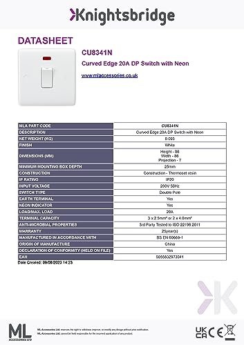 Knightsbridge CU8341N Curved Edge 20 A DP Switch with Neon, White, Switch 20A - Image 2