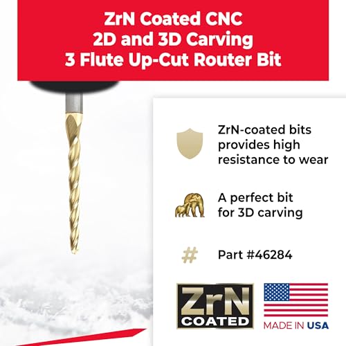 Image of Amana Tool Up Cut Spiral CNC Router Bits for 2D /3D Carving, ZrN Coated, 46284, 1 Deg Tapered Angle Ball Tip 1 /8 D x 1 /16 R x 1-1 /2 x 1 /4 Shank x 3 Fl