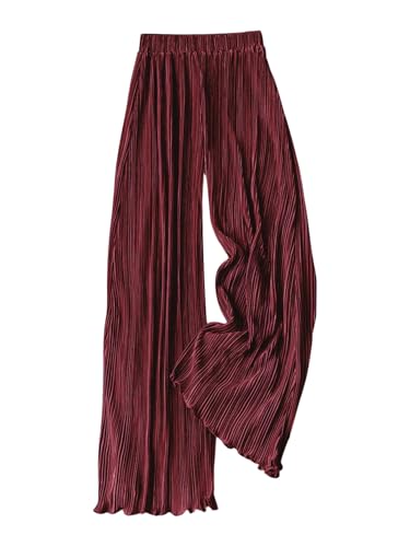 GORGLITTER Womens Silk Satin Wide Leg Pants Dressy Flowy Pleated Trousers Business Casual Work Palazzo Pants Casual Red Violet Medium