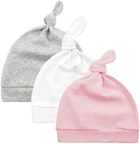 Durio Baby Hat BabyBeanie Knot Newborn Baby Hat Soft Baby Beanies Gifts for Baby Newborn Fall Winter Caps 3 Pack Grey & White & Pink One Size Fits 0-6 Months
