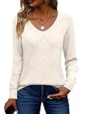 Zeagoo Suéter de Punto para Mujer Cuello en V Liso de Otoño Manga Larga de Crochet Casual de Invierno Tejido Beige XL